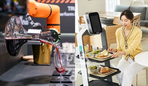 (왼쪽)한화로보틱스 와인 브리딩이 가능한 ‘소믈리에 비노봇’과 비-로보틱스의 서빙로봇 ‘S모델 와이드’ / 한화로보틱스