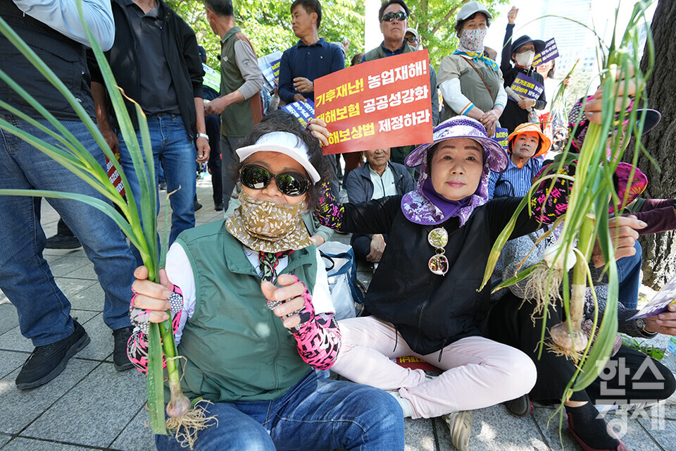 전국농민회총연맹 등 8개 농민단체가 모인 농민의길이 14일 오후 서울 여의도 국회 앞에서 기후재난시대 농민생존권대책촉구 결의대회를 열고 있다. 참석한 농민들이 마늘과 피켓을 들고 참석하고 있다. /최대성 기자 dpdaesung@sporbiz.co.kr 2024.05.14.