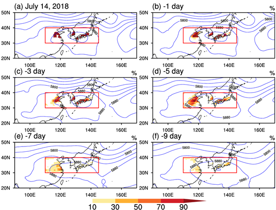 폭염연구센터 폭염 확률예측시스템을 이용한 2018 우리나라 대폭염 시작일자 예측결과. / 울산과학기술원 제공.