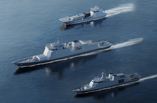 HD현대중공업이 페루에서 수주한 3400t급 호위함(가운데), 2200t급 원해경비함(맨 아래), 1400t급 상륙함 조감도. / HD현대중공업 제공