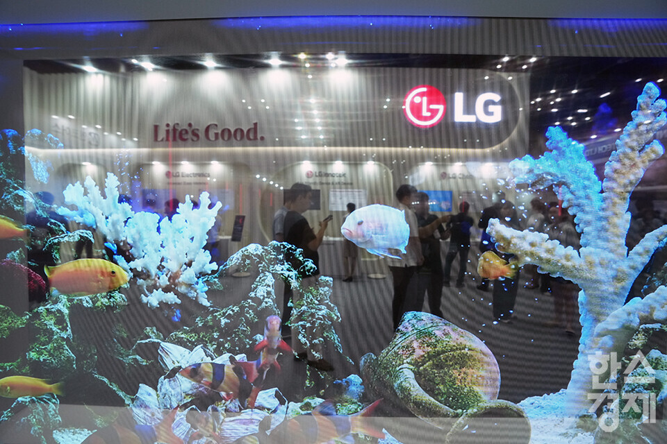 3일 경기 고양시 킨텍스에서 나노코리아 2024가 개막했다. 전시된 투명 올레드 사이니지(TRANSPARENT OLED SIGNAGE)너머로 LG 부스를 둘러보는 참관객들이 보이고 있다. /최대성 기자 dpdaesung@sporbiz.co.kr 2024.07.03.