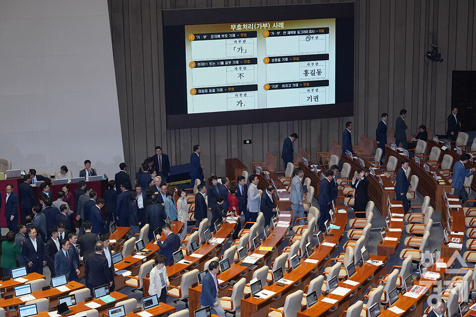 4일 오후 서울 여의도 국회에서 열린 본회의에서 우원식 국회의장이 곽규택 국민의힘 의원의 발언 중지를 선언하고, 해병대원 특검법에 대한 무제한 토론 종결동의의 건을 상정하자, 국민의힘 의원들이 의장석 앞에서 격렬하게 항의하다 투표가 시작되자 퇴장하고 있다. /최대성 기자 dpdaesung@sporbiz.co.kr 2024.07.04.