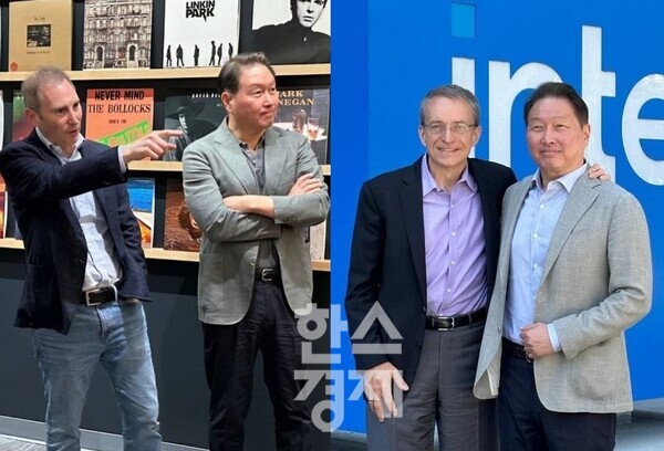 (왼쪽)최태원 SK 회장이 시애틀 아마존 본사에서 앤디 재시 CEO와 만나 AI, 반도체 협력에 대해 논의하고 있다. (오른쪽)최태원 SK 회장이 새너제이의 인텔 본사에서 팻 겔싱어 CEO를 만나 반도체 협력을 모색했다. / 최태원 SK 회장 인스타그램 