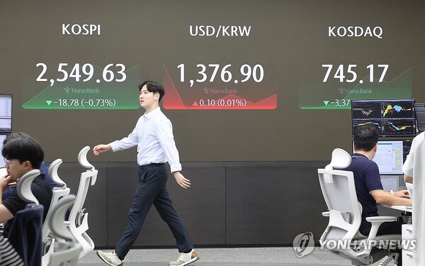 미국 증시 폭락의 영향으로 '검은 월요일'을 맞았던 코스피가 상승 전환했으나 여전히 2500선에서 등락중이다. / 연합뉴스.