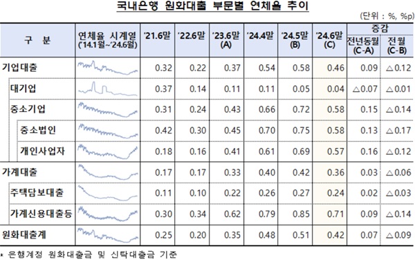 금융감독원에 따르면 6월말 국내은행의 원화대출 연체율은 0.42%로 전월말(0.51%) 대비 0.09%p 하락했다. /금융감독원 제공