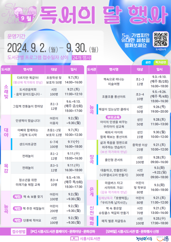 시흥시 소래빛도서관을 비롯한 북부권 8개 공공도서관이 ‘9월 독서의 달’을 맞아 시민의 독서문화환경을 조성하기 위해 24개 다양한 행사를 운영한다./ 시흥시 제공