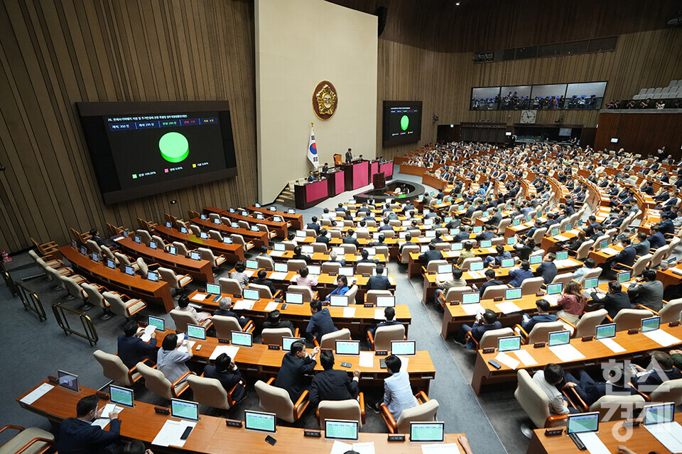 28일 오후 서울 여의도 국회에서 제417회 국회(임시회) 제2차 본회의가 열리고 있다. 전세사기피해자 지원 및 주거안정에 관한 특별법 일부개정법률안이 재적 300인 찬성 295인 반대 0인으로 가결되고 있다. /최대성 기자 dpdaesung@sporbiz.co.kr 2024.08.28.