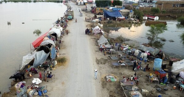 전 세계 개발도상국이 기후변화 대응을 위해 매년 5000억달러(약 666조원)의 기후 자금이 필요한 것으로 나타났다. 사진은 몬순 홍수로 도로변 생활하는 파키스탄 이재민들. / 사진=연합뉴스