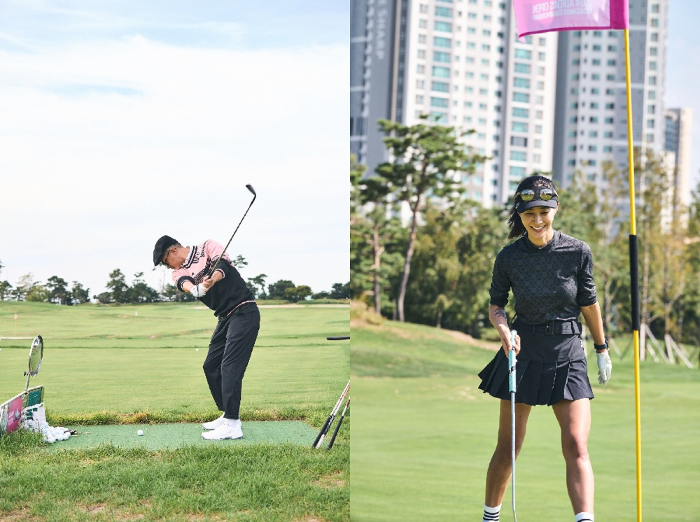 모델 배정남과 배우 권유리. /아디다스골프 제공