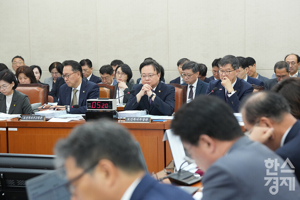 조규홍 보건복지부 장관, 지영미 질병관리청장 등이 7일 서울 여의도 국회에서 열린 국회 보건복지위원회 국정감사에 출석해 의원 질의를 듣고 있다. /최대성 기자 dpdaesung@sporbiz.co.kr 2024.10.07.