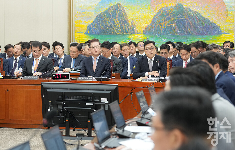 10일 서울 여의도 국회에서 정무위원회의  금융위원회, 한국산업은행, 중소기업은행에 대한 국정감사가 열리고 있다. 김성태 중소기업은행장(왼쪽부터), 강석훈 한국산업은행 회장과 김병환 금융위원장이 의원 질의를 듣고 있다. /최대성 기자 dpdaesung@sporbiz.co.kr 2024.10.10.