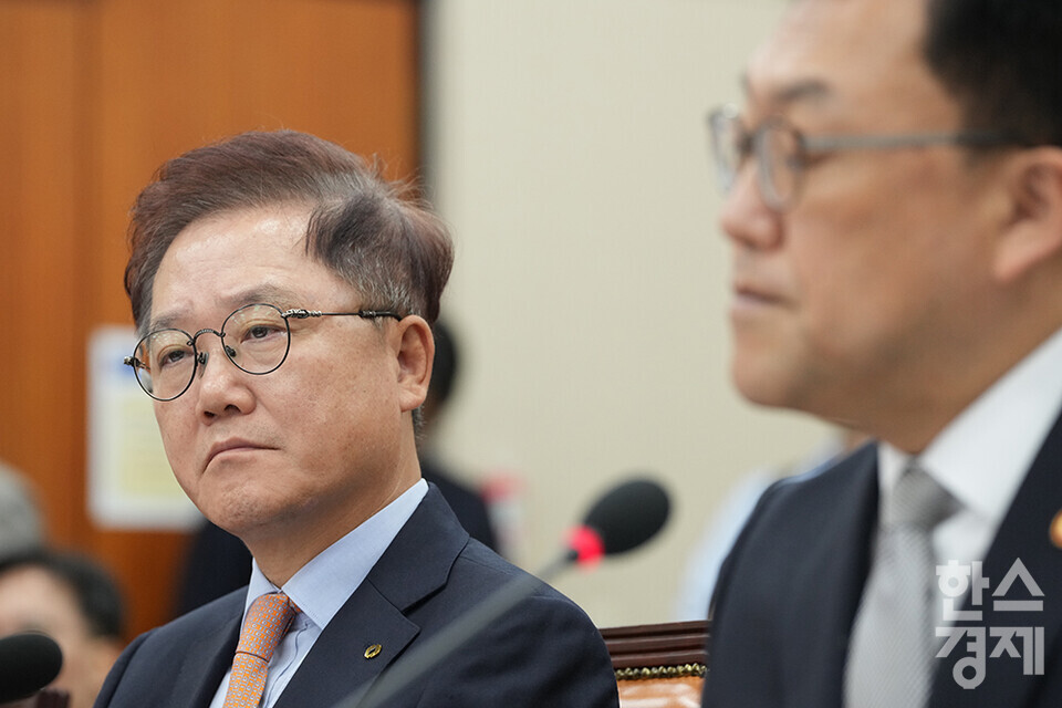 10일 서울 여의도 국회에서 정무위원회의  금융위원회, 한국산업은행, 중소기업은행에 대한 국정감사가 열리고 있다. 강석훈 한국산업은행 회장이 의원 질의를 듣고 있다. /최대성 기자 dpdaesung@sporbiz.co.kr 2024.10.10.