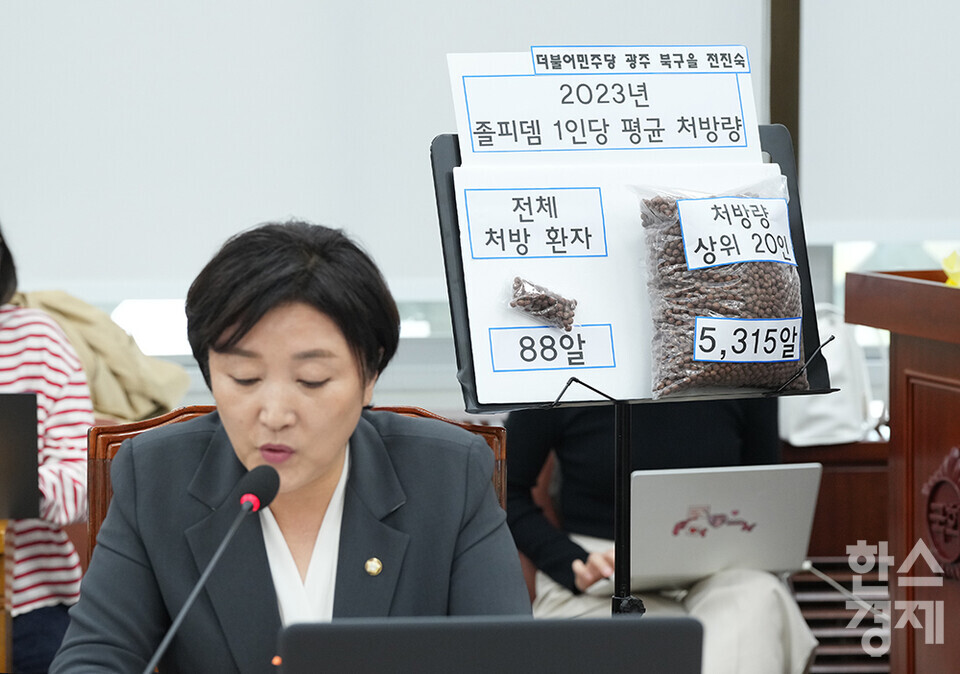 10일 서울 여의도 국회에서 보건복지위원회의 보건복지부, 질병관리청에 대한 국정감사가 열리고 있다. 정진숙 더불어미주당 의원이 졸피뎀과 관련된 질의를 하고 있다 /최대성 기자 dpdaesung@sporbiz.co.kr 2024.10.10.