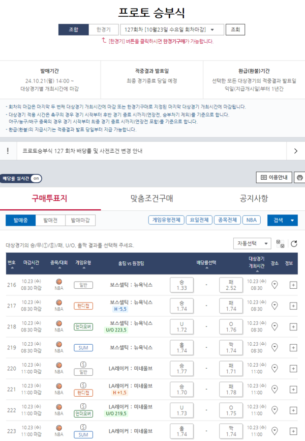 프로토 승부식 127회 차 2024-2025시즌 NBA 대상 경기 일정 및 배당률. /스포츠토토코리아 제공