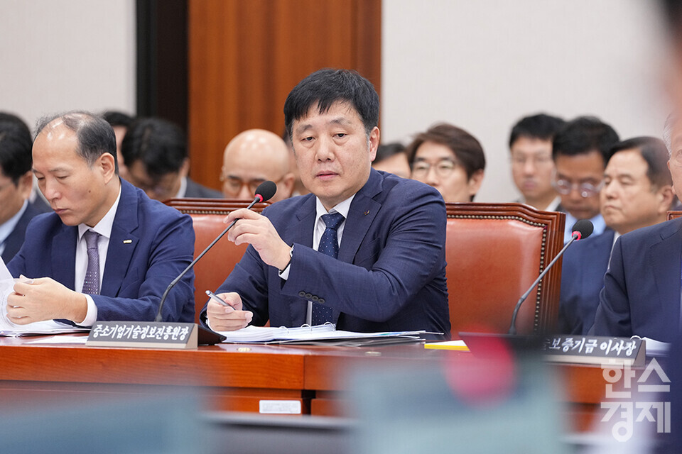 김영신 중소기업기술정보진흥원장이 22일 서울 여의도 국회에서 열린 산업통상자원중소벤처기업위원회의 중소벤처기업진흥공단, 기술보증기금 등 11개 기관 등에 대한 국정감사에 출석해 의원 질의에 답변하고 있다. /최대성 기자 dpdaesung@sporbiz.co.kr 2024.10.22.
