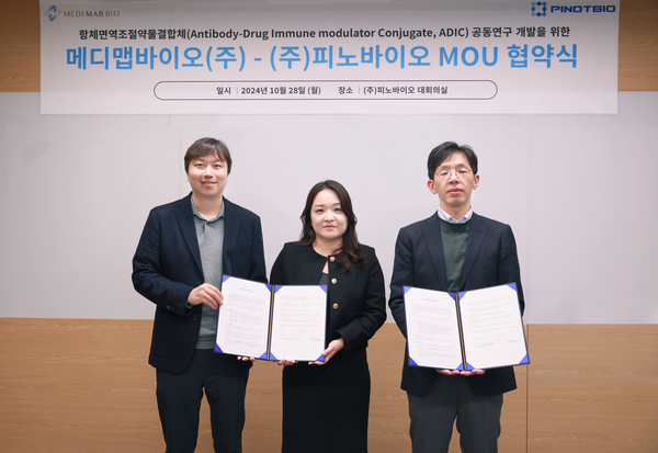 메디맵바이오와 피노바이오가 항체면역조절약물결합체 공동개발을 위해 업무협약을 맺었다./메디맵바이오 제공