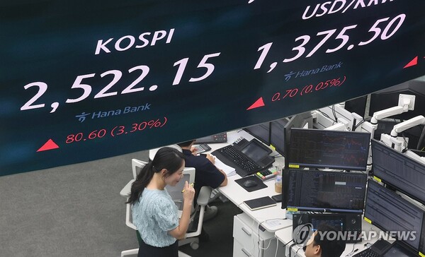 서울 중구 하나은행 본점 딜링룸 모습. /연합뉴스