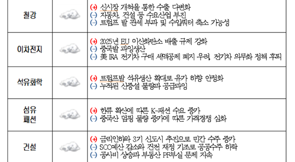업종별 내년 산업전망과 긍정부정요인 / 대한상의