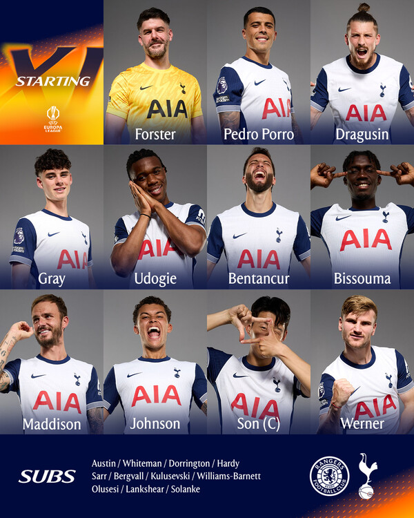 토트넘 홋스퍼 레인저스전 선발 명단. /토트넘 홋스퍼 SNS