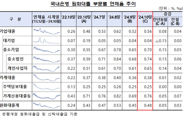 13일 금융감독원이 발표한 '2024년 10월말 국내은행의 원화대출 연체율 현황(잠정)'에 따르면 10월말 국내은행의 원화대출 연체율은 0.48%로 전월말 대비 0.03%p 상승했다. /금융감독원 제공 