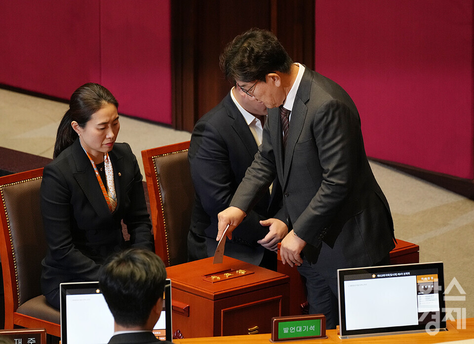 14일 오후 서울 여의도 국회에서 제419회 국회(임시회) 제4차 본회의가 열리고 있다. 국민의힘 권성동 원내대표가 윤석열 대통령 탄핵소추안에 투표하고 있다. /최대성 기자 dpdaesung@sporbiz.co.kr 2024.12.14.