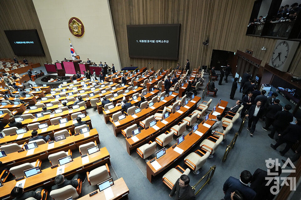 14일 오후 서울 여의도 국회에서 제419회 국회(임시회) 제4차 본회의가 열리고 있다. 여야 의원들이 윤석열 대통령 탄핵소추안에 투표하고 있다. /최대성 기자 dpdaesung@sporbiz.co.kr 2024.12.14.