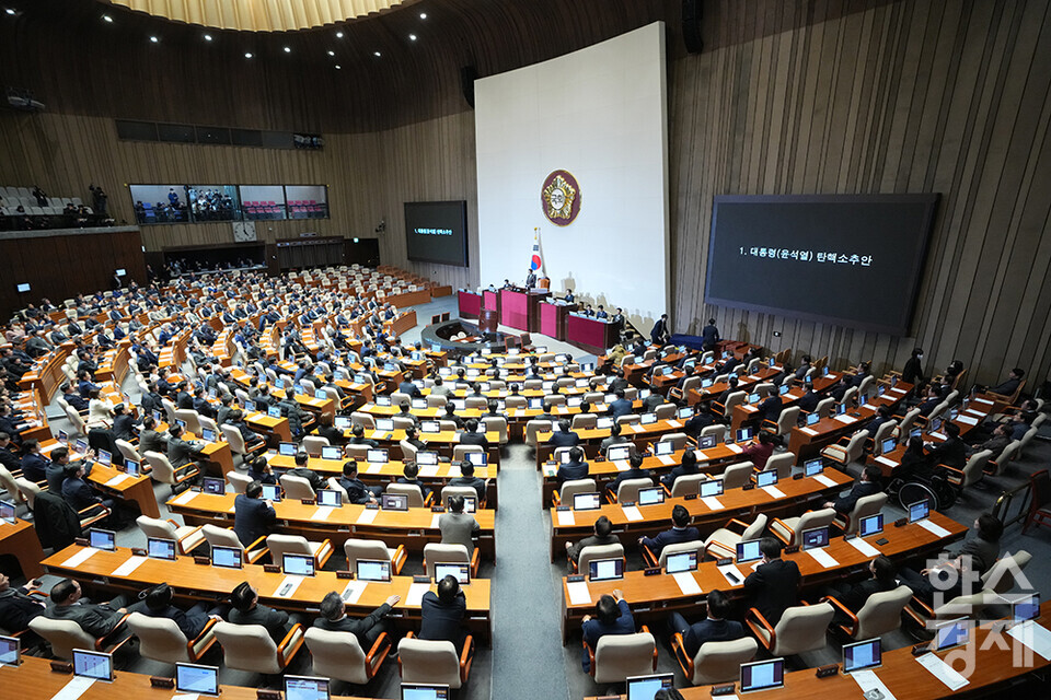 우원식 국회의장이 14일 오후 서울 여의도 국회 제419회 국회(임시회) 제4차 본회의에서 윤석열 대통령 탄핵소추안이 재석 300명 중 찬성 204명, 반대 85명, 기권 3명, 무효 8명으로 가결됐음을 알린 후 발언하고 있다. /최대성 기자 dpdaesung@sporbiz.co.kr 2024.12.14.