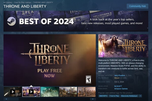 엔씨소프트 'TL'이 스팀 ‘베스트 오브 2024’ 3개 부문 ‘골드’ 등급에 선정됐다./ 엔씨소프트