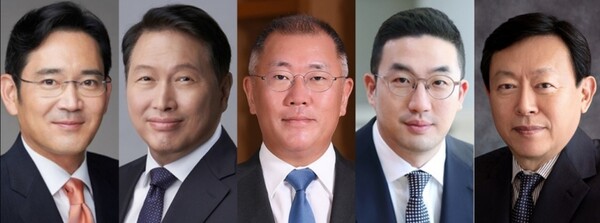(왼쪽부터) 이재용 삼성전자 회장, 최태원 SK그룹 회장, 정의선 현대자동차그룹 회장, 구광모 LG그룹 회장, 신동빈 롯데그룹 회장./각사