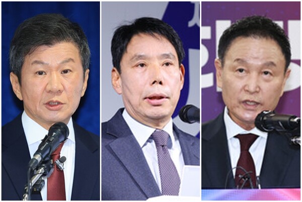제55대 대한축구협회장 선거에 나선 (왼쪽부터) 정몽규 축구협회장, 신문선 명지대 초빙교수, 허정무 전 축구대표팀 감독. /연합뉴스