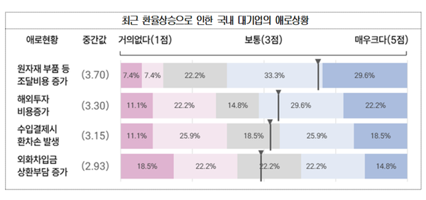 기업들은 불안정한 환율 상승에 대응하기 위한 정책과제로 ‘기업에 대한 외환 유동성 지원 확대’(63.0%)와 ‘긴급시 외환시장 안정조치 시행’(63.0%)을 가장 많이 꼽아 기업의 안정성 확보와 긴급대책에 대한 요구가 많았다. / 대한상의