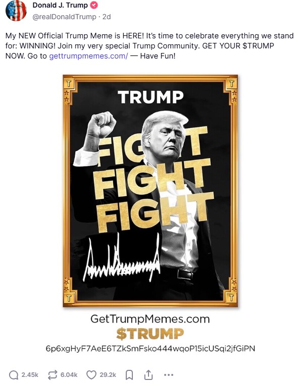 도널프 트럼프는 지난 17일  SNS 플랫폼인 트루스소셜을 통해 '$TRUMP'라는 이름의 공식 밈코인 출시를 알렸다. /이미지=트루스소셜