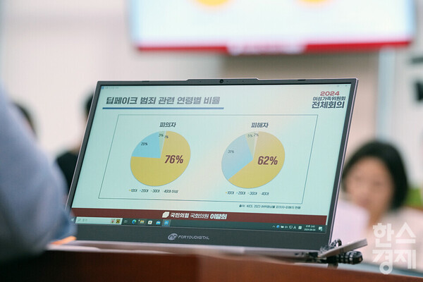 4일 서울 여의도 국회에서 여성가족위원회 전체회의가 열리고 있다. 사진은 딥페이크 범죄 관련 연령별 비율. /최대성 기자 dpdaesung@sporbiz.co.kr 2024.09.04.