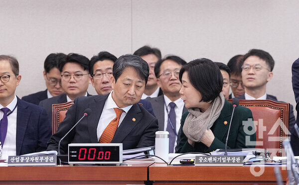 안덕근 산업통상자원부 장관과 오영주 중소벤처기업부 장관이 19일 서울 여의도 국회에서 열린 산업통상자원중소벤처기업위원회 전체회의에 출석해 이야기를 나누고 있다. /최대성 기자 dpdaesung@sporbiz.co.kr 2025.02.19.
