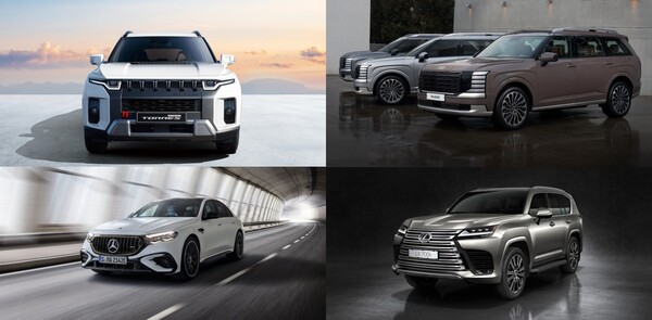 (왼쪽부터 시계방향) 토레스 하이브리드, 팰리세이드 하이브리드, 디 올 뉴 LX 700h, 메르세데스-AMG E 53 하이브리드 4MATIC+/ 각사