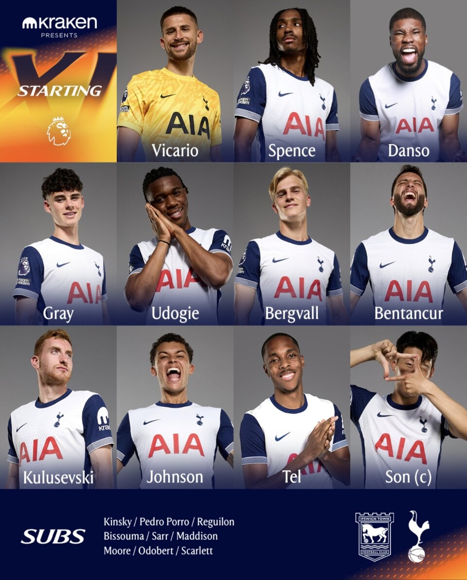 2024-2025시즌 EPL 26라운드 원정 경기 입스위치전에 나서는 토트넘 선발 명단. /토트넘 SNS