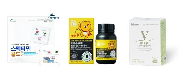  (왼쪽부터) 현대약품 ‘스펙타민골드’,  일동제약 ‘마이니 슈퍼비 스트레스 피로케어’, 닥터제안 ‘피로개선 활력비타민’. /알피바이오 제공