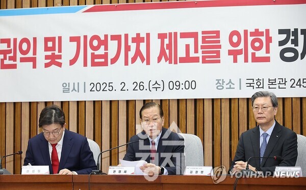 26일 서울 여의도 국회에서 열린 주주 권익 및 기업가치 제고를 위한 경제단체 간담회에서 국민의힘 권영세 비상대책위원장이 발언하고 있다. 사진=연합뉴스