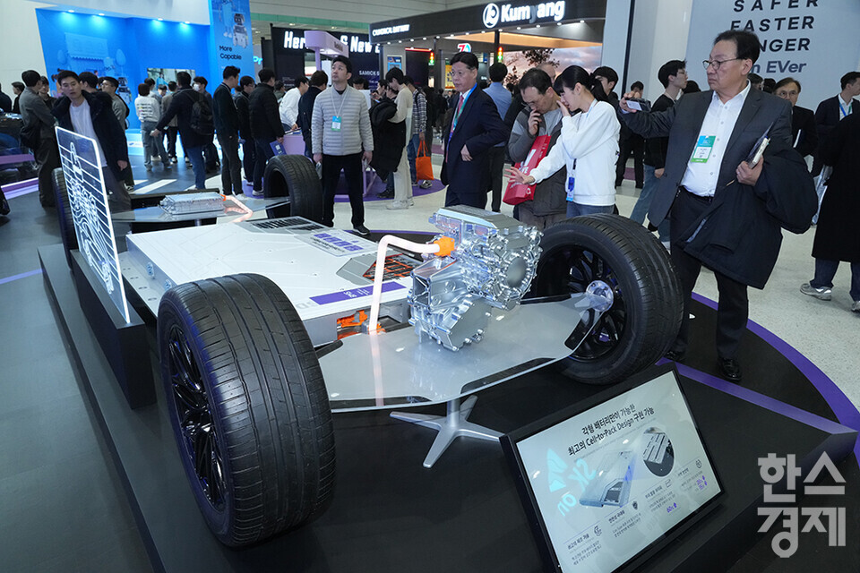 5일 서울 강남구 코엑스에서 국내 최대 배터리 전시회인 '인터배터리 2025'가 열리고 있다. 관람객들이 삼성 SDI 부스에서 각형 배터리를 사용한 전기차 모형을 살피고 있다. /최대성 기자 dpdaesung@sporbiz.co.kr 2025.03.05.