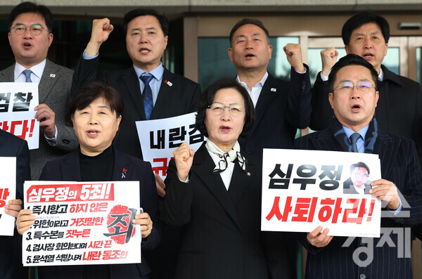 더불어민주당 내란진상조사단 추미애 단장을 포함한 의원들이 심우정 검찰총장을 면담하기 위해 10일 서울 서초구 대검찰청으로 향하기 전 구호를 외치고 있다. 사진=연합뉴스 제공