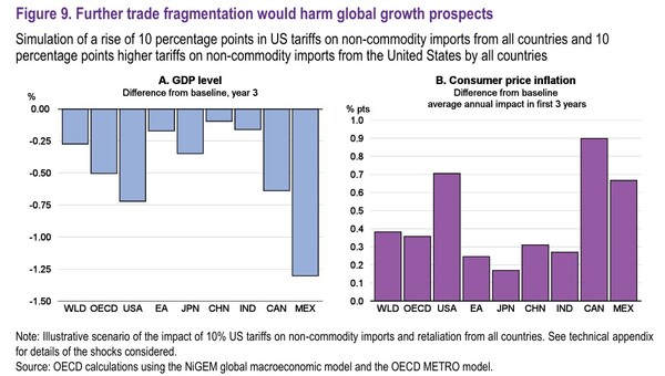무역 분쟁이 심화했을 때의 세계 경제 성장 전망치 / 그래프=OECD '중간 경제 전망' 보고서 갈무리