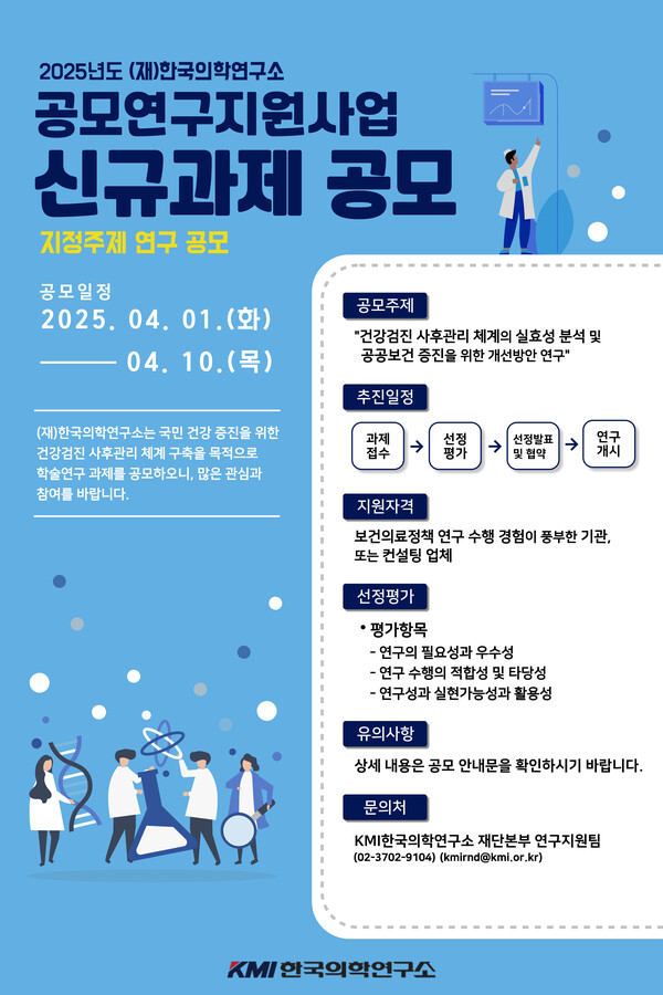 KMI한국의학연구소는 ‘2025년도 제1차 지정 연구과제 공모’에 참여할 연구자를 오는 10일까지 공개 모집한다. /KMI한국의학연구소 제공