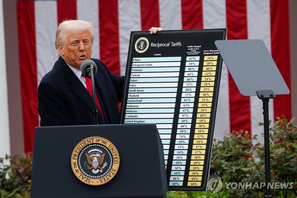 도널드 트럼프 미국 대통령은 2일(현지시간) 백악관 로즈가든에서 미국으로 들어오는 모든 수입품에 기본 10% 관세를 부과하고, 약 60여 교역국에 관세를 추가로 얹는 ‘상호관세’ 부과 계획을 발표했다. /연합뉴스