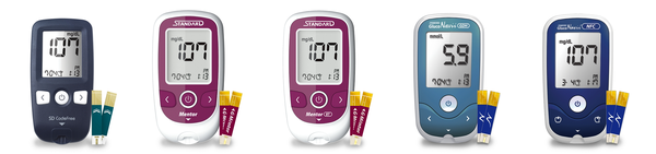 (왼쪽부터) 에스디 코드프리, 스탠다드 멘토, 스탠다드 멘토 비티,스탠다드 글루코나비 지디에이치, 스탠다드 글루코나비 엔에프시. / 에스디바이오센서 제공