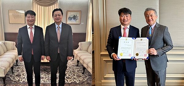 전라남도는 박창환 경제부지사가 14일 미국 워싱턴 D.C.에서 조현동(사진 죄) 주미대사와 간담회를 갖고, 미국 메릴랜드주 행정부장관과 버지니아주 상무차관을 역임한 지미 리(Jimmy Rhee)(사진 우)에게 전남도 국제교류자문관 위촉장을 수여하고 기념촬영 했다./사진=전남도