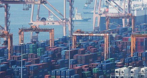 평택항 컨테이너터미널에 수출화물이 적재된 컨테이너가 쌓여 있다./연합뉴스