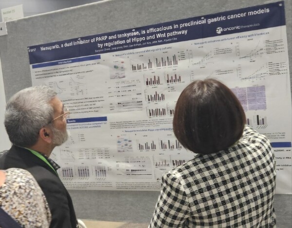 온코닉테라퓨틱스는 미국 시카고에서 열린 ‘2025 미국암연구학회(AACR 2025)’에서 차세대 이중기전 항암제 후보물질 ‘네수파립(Nesuparib)’의 위암 적응증 비임상 연구 결과를 발표했다. /온코닉테라퓨틱스 제공