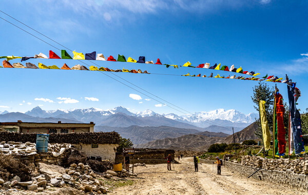 자이테 가는 길의 길가 찻집. 설산과 룽다, 타루쵸가 찻집 분위기에 어울린다.
