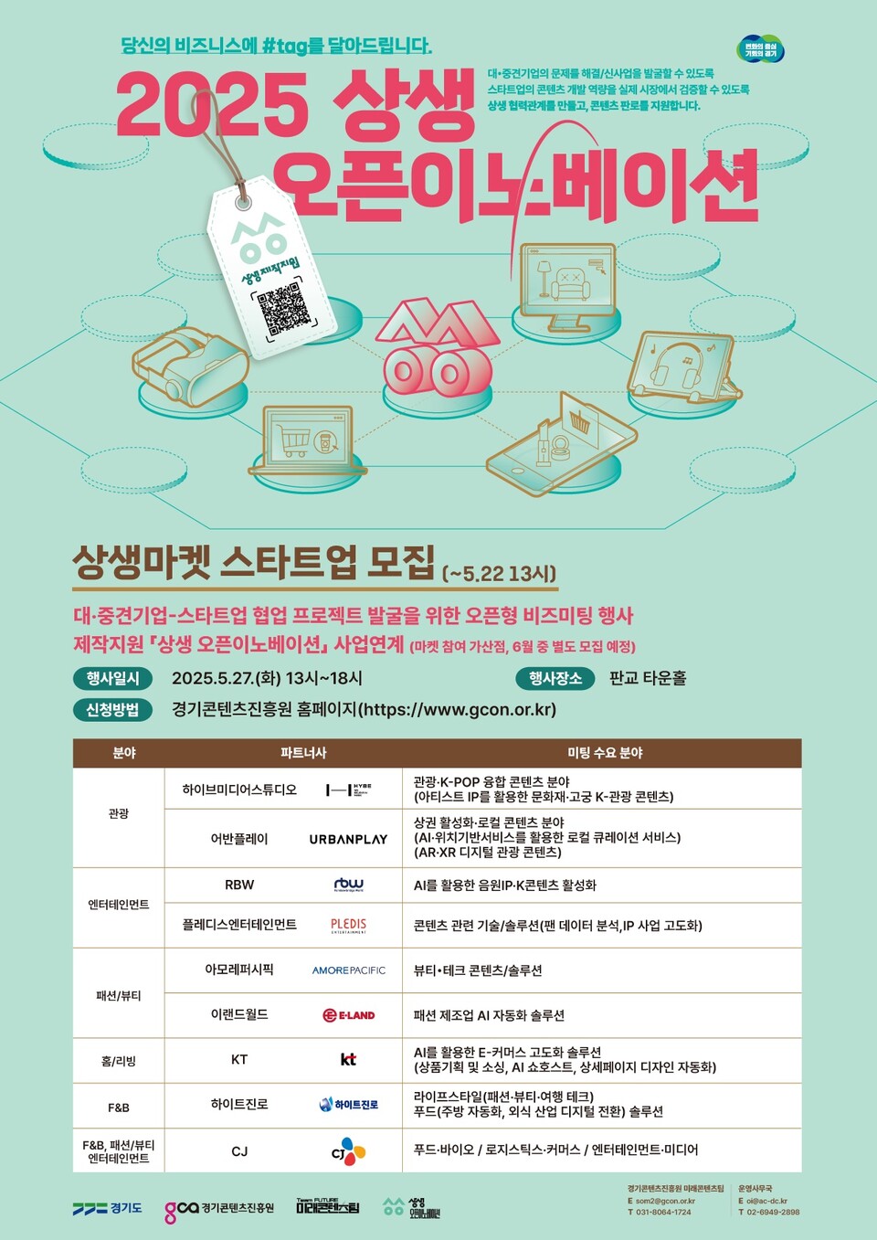 경기도와 경기콘텐츠진흥원이 콘텐츠 스타트업의 판로 개척과 대·중견기업 협업 기회 확대를 위해 오는 5월 27일 ‘2025 상생마켓’을 개최하고, 이에 앞서 참여기업을 모집한다./ 경기콘텐츠진흥원 제공