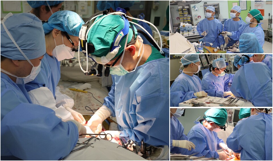 서울아산병원 간이식팀이 지난달 30일 네 개의 수술방에서 생체 간이식 두 건을 동시에 시행하고 있다./서울아산병원 제공